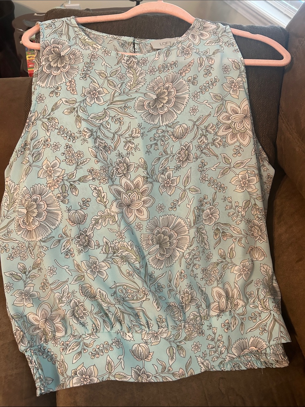 LOFT Blue Floral Sleeveless Smocked-Hem Tank